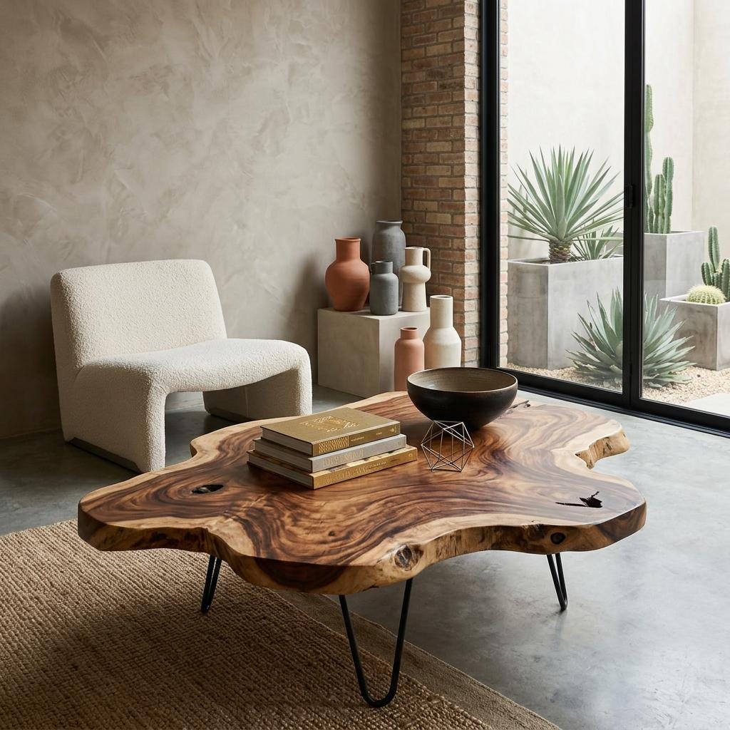 Live Edge Coffee Table, Rustic Solid Wood Table for Natural Farmhouse Living Room - WCT0005