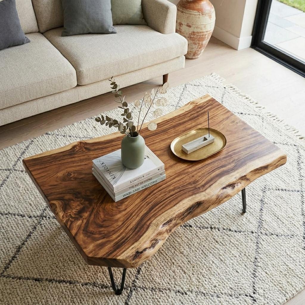 Live Edge Coffee Table, Rustic Solid Wood Table for Natural Farmhouse Living Room - WCT0013