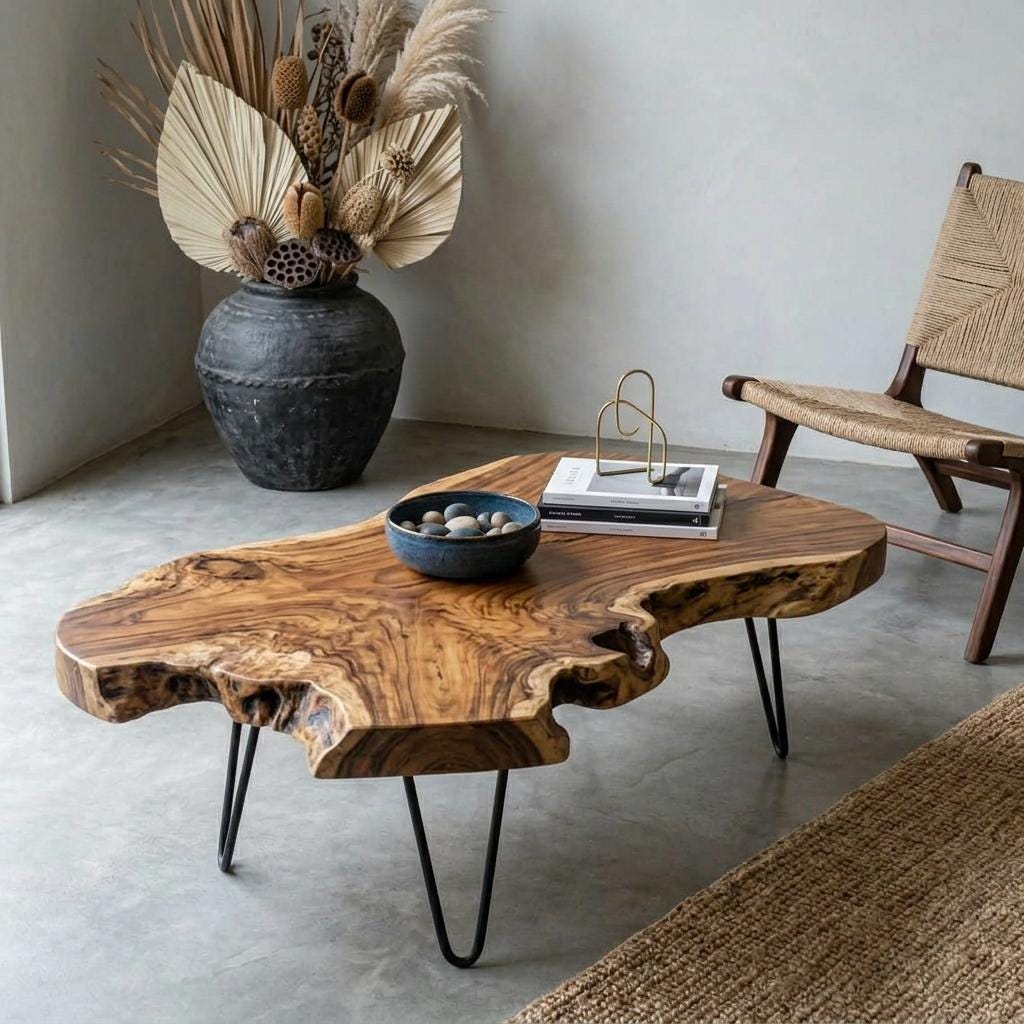 Live Edge Coffee Table, Rustic Solid Wood Table for Natural Farmhouse Living Room - WCT0004