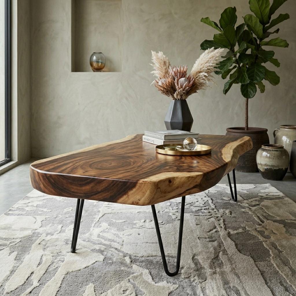 Live Edge Coffee Table, Rustic Solid Wood Table for Natural Farmhouse Living Room - WCT0007