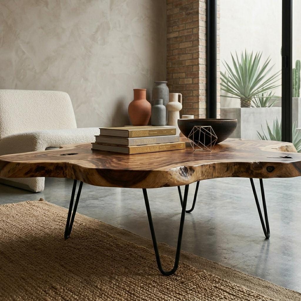 Live Edge Coffee Table, Rustic Solid Wood Table for Natural Farmhouse Living Room - WCT0005