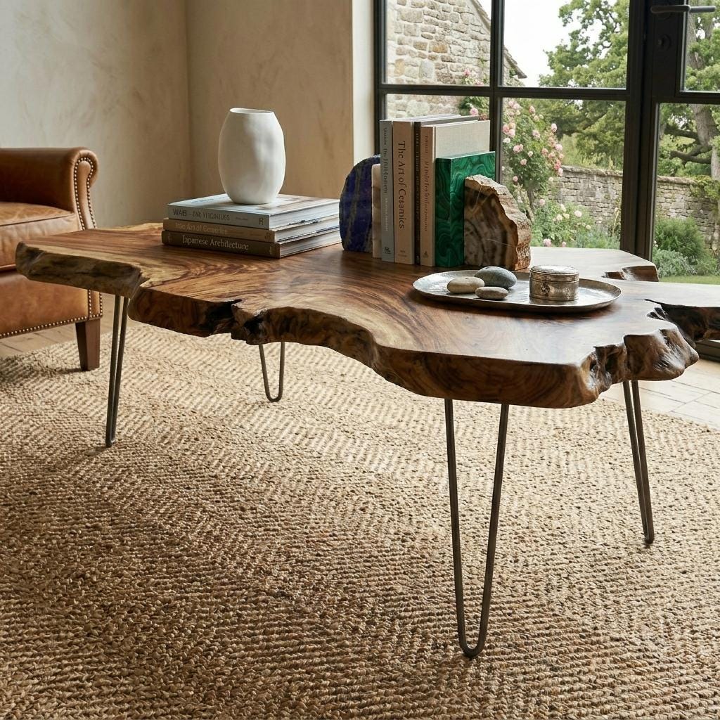 Live Edge Coffee Table, Rustic Solid Wood Table for Natural Farmhouse Living Room - WCT0028