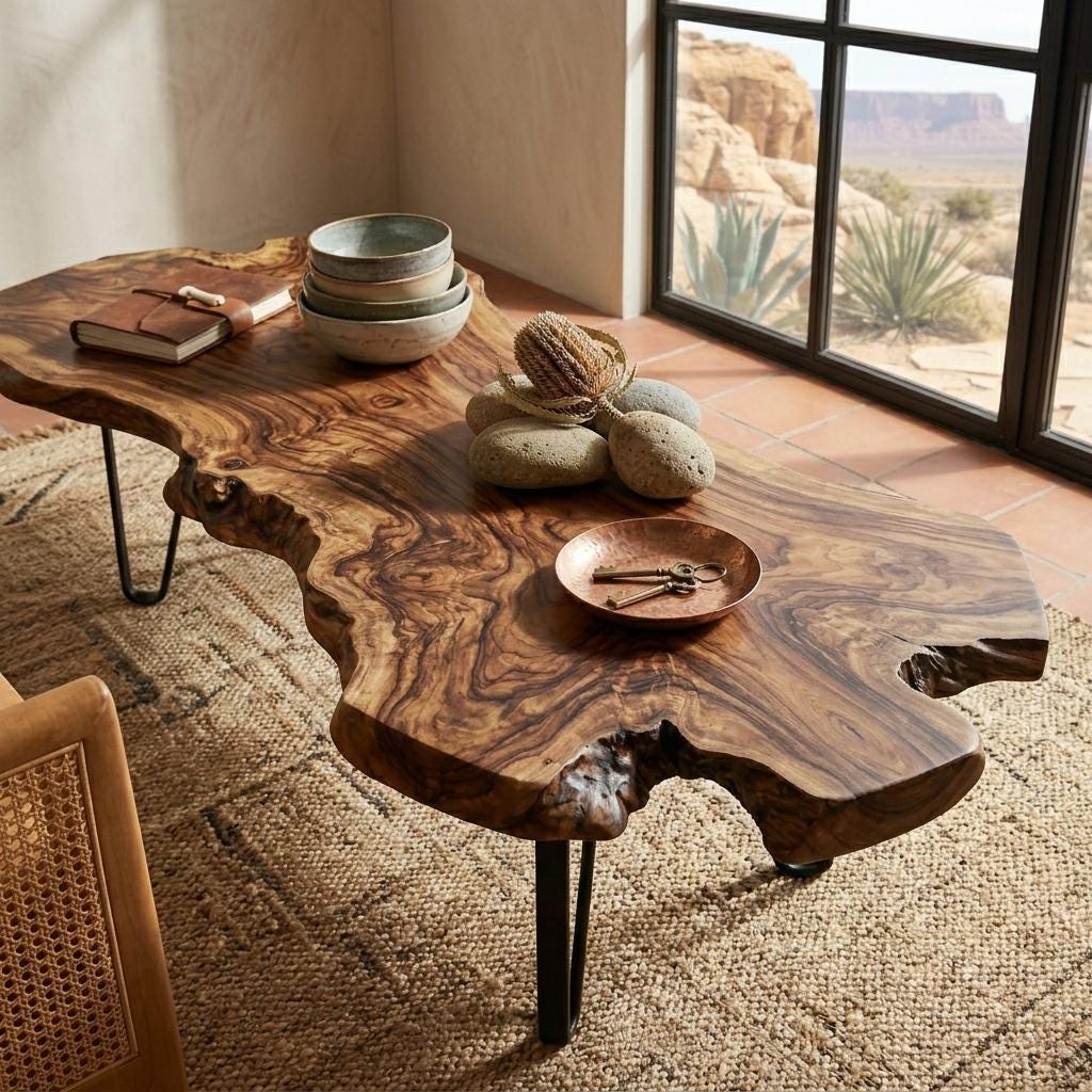 Live Edge Coffee Table, Rustic Solid Wood Table for Natural Farmhouse Living Room - WCT0030