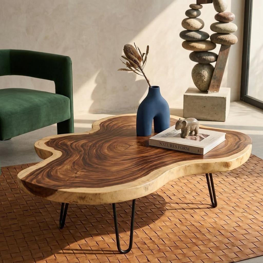 Live Edge Coffee Table, Rustic Solid Wood Table for Natural Farmhouse Living Room - WCT0012