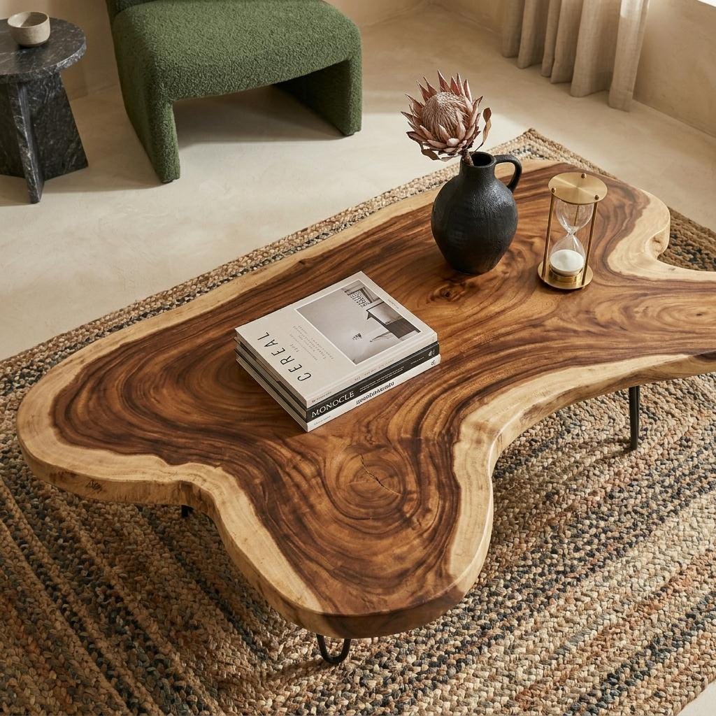 Live Edge Coffee Table, Rustic Solid Wood Table for Natural Farmhouse Living Room - WCT0003
