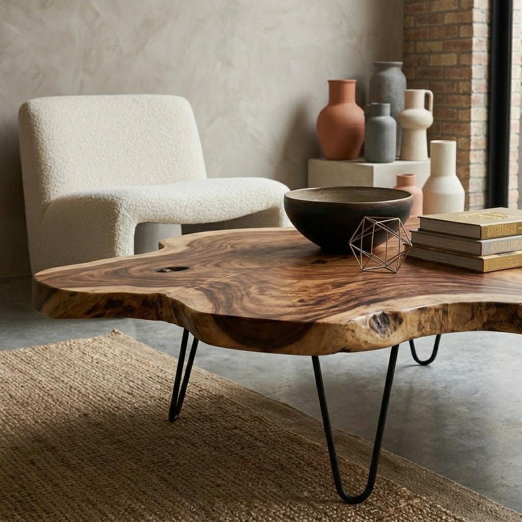 Live Edge Coffee Table, Rustic Solid Wood Table for Natural Farmhouse Living Room - WCT0005