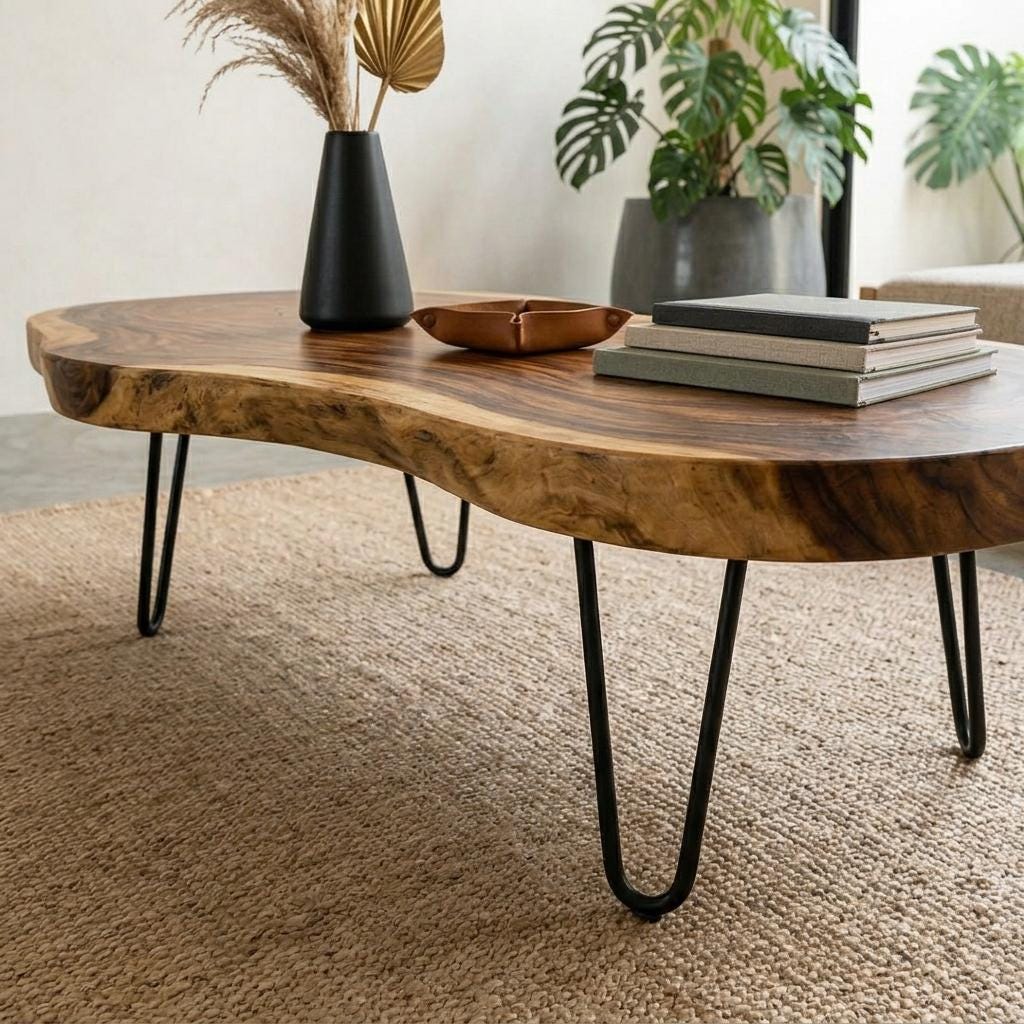 Live Edge Coffee Table, Rustic Solid Wood Table for Natural Farmhouse Living Room - WCT0009