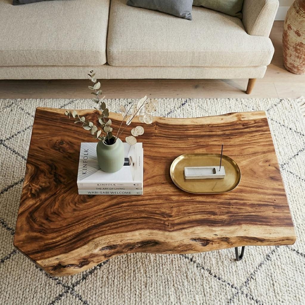Live Edge Coffee Table, Rustic Solid Wood Table for Natural Farmhouse Living Room - WCT0013