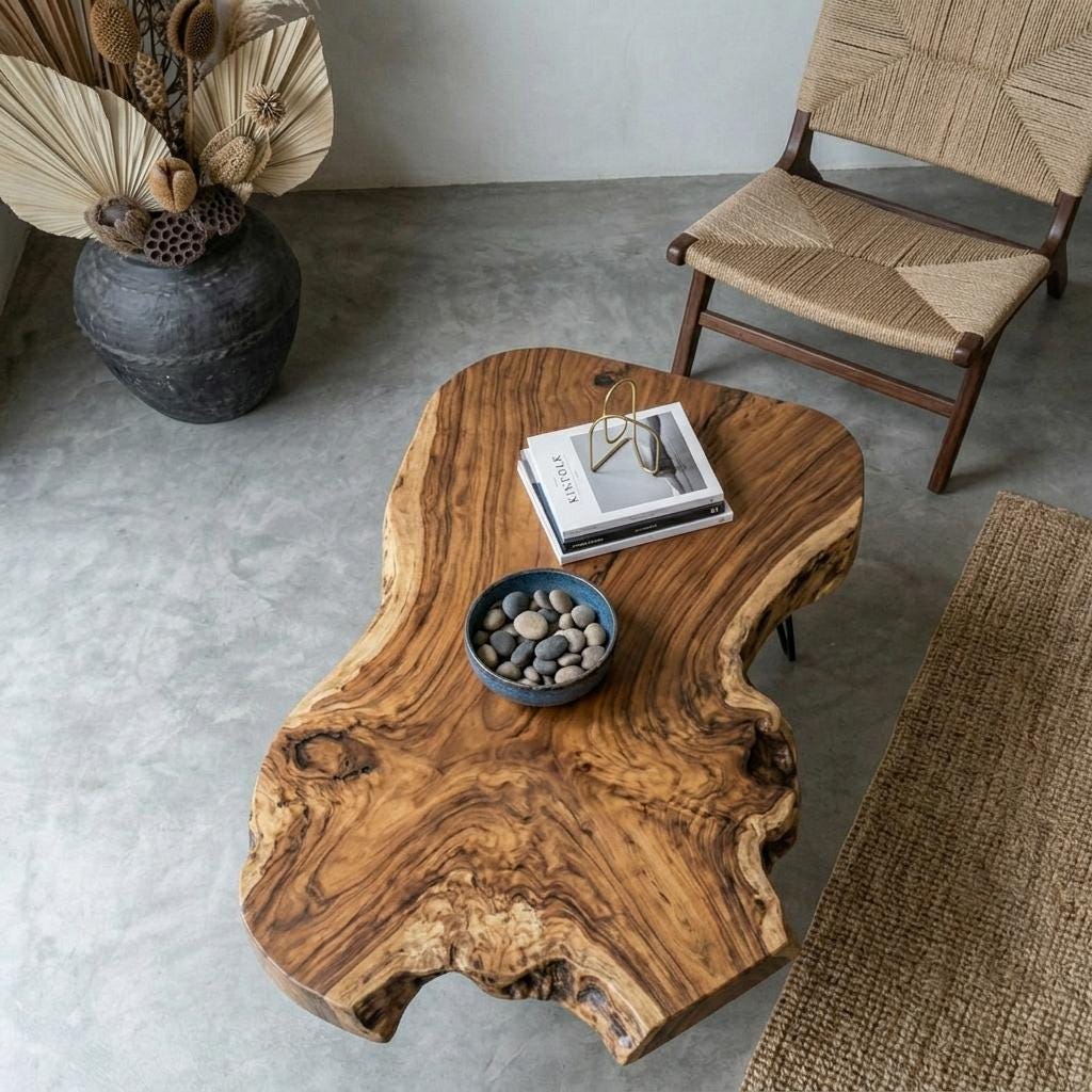Live Edge Coffee Table, Rustic Solid Wood Table for Natural Farmhouse Living Room - WCT0004