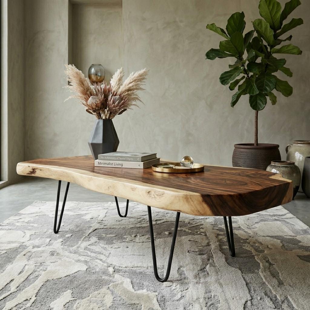 Live Edge Coffee Table, Rustic Solid Wood Table for Natural Farmhouse Living Room - WCT0007