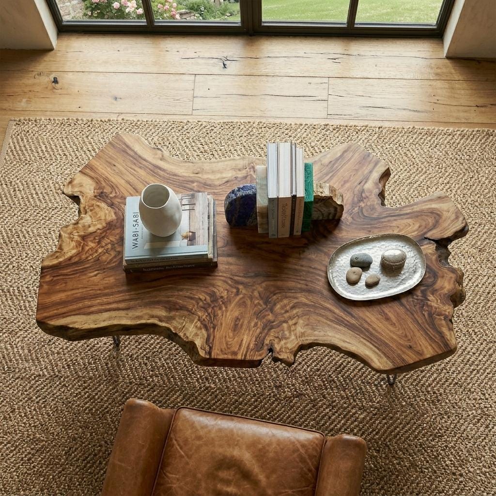 Live Edge Coffee Table, Rustic Solid Wood Table for Natural Farmhouse Living Room - WCT0028