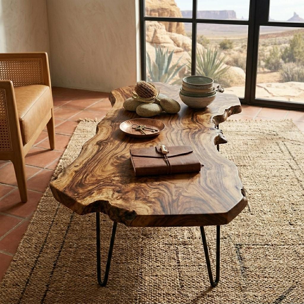 Live Edge Coffee Table, Rustic Solid Wood Table for Natural Farmhouse Living Room - WCT0030