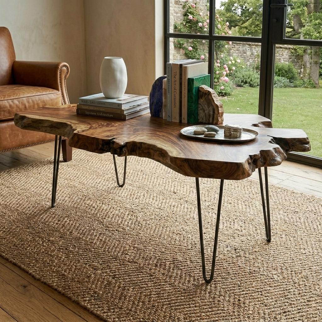 Live Edge Coffee Table, Rustic Solid Wood Table for Natural Farmhouse Living Room - WCT0028