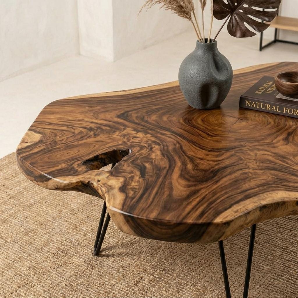 Live Edge Coffee Table, Rustic Solid Wood Table for Natural Farmhouse Living Room - WCT0023