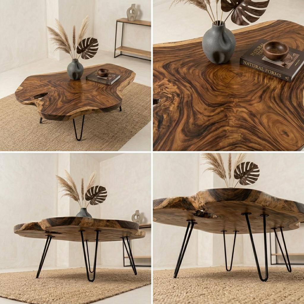 Live Edge Coffee Table, Rustic Solid Wood Table for Natural Farmhouse Living Room - WCT0023