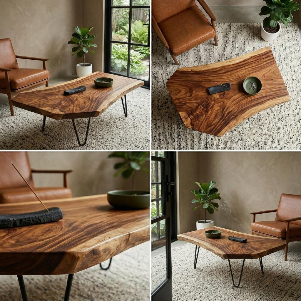 Live Edge Coffee Table, Rustic Solid Wood Table for Natural Farmhouse Living Room - WCT0016