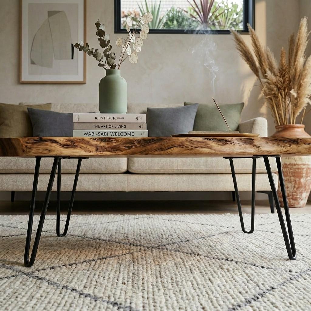 Live Edge Coffee Table, Rustic Solid Wood Table for Natural Farmhouse Living Room - WCT0013