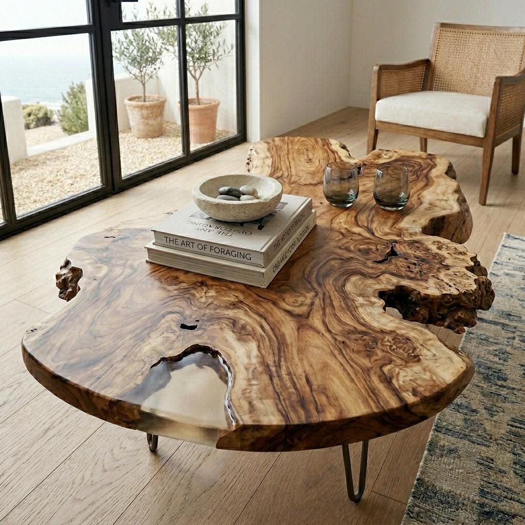 Live Edge Coffee Table, Rustic Solid Wood Table for Natural Farmhouse Living Room - WCT0029