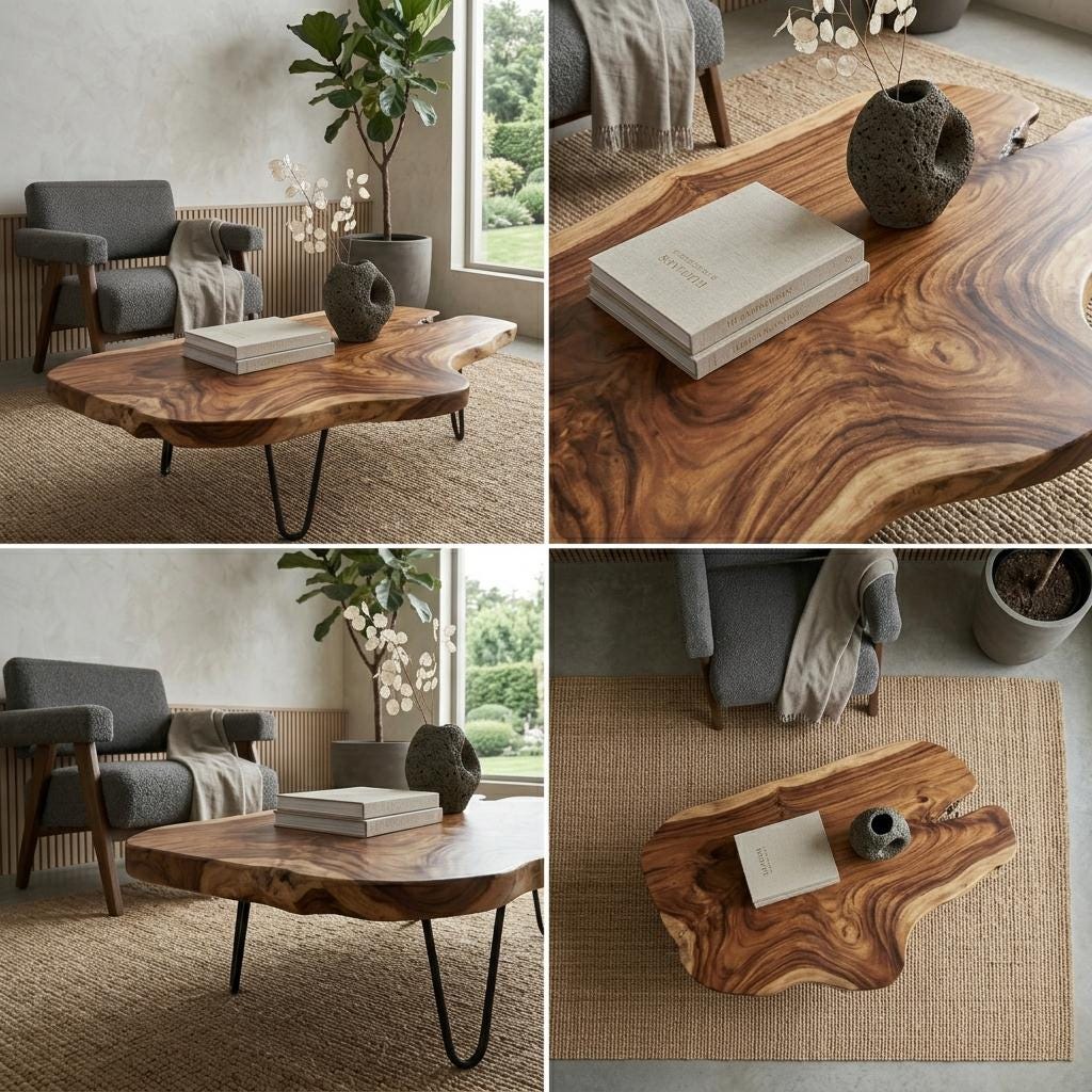 Live Edge Coffee Table, Rustic Solid Wood Table for Natural Farmhouse Living Room - WCT0018