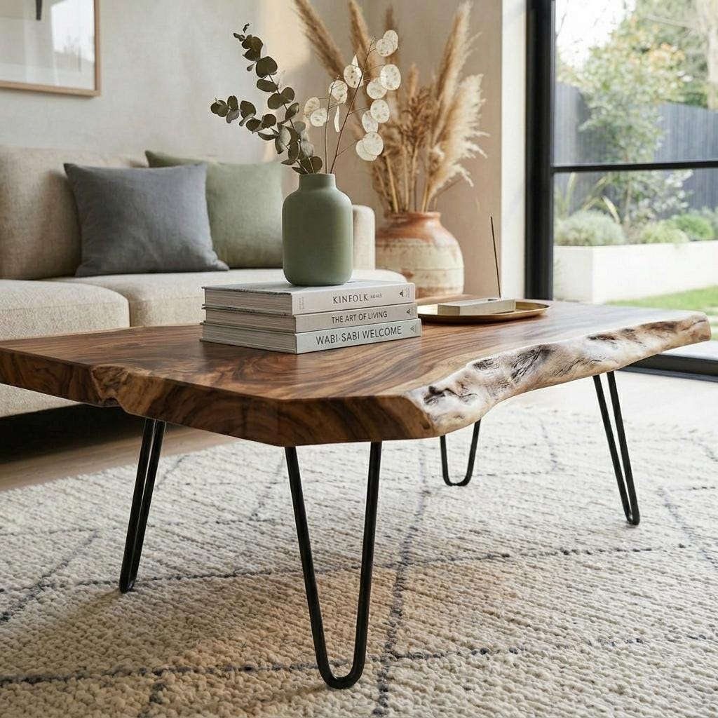 Live Edge Coffee Table, Rustic Solid Wood Table for Natural Farmhouse Living Room - WCT0013