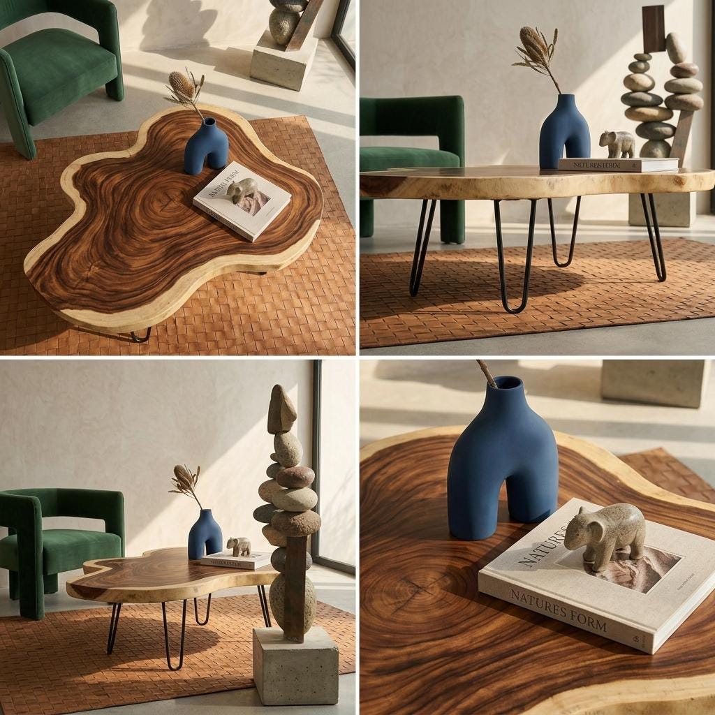 Live Edge Coffee Table, Rustic Solid Wood Table for Natural Farmhouse Living Room - WCT0012