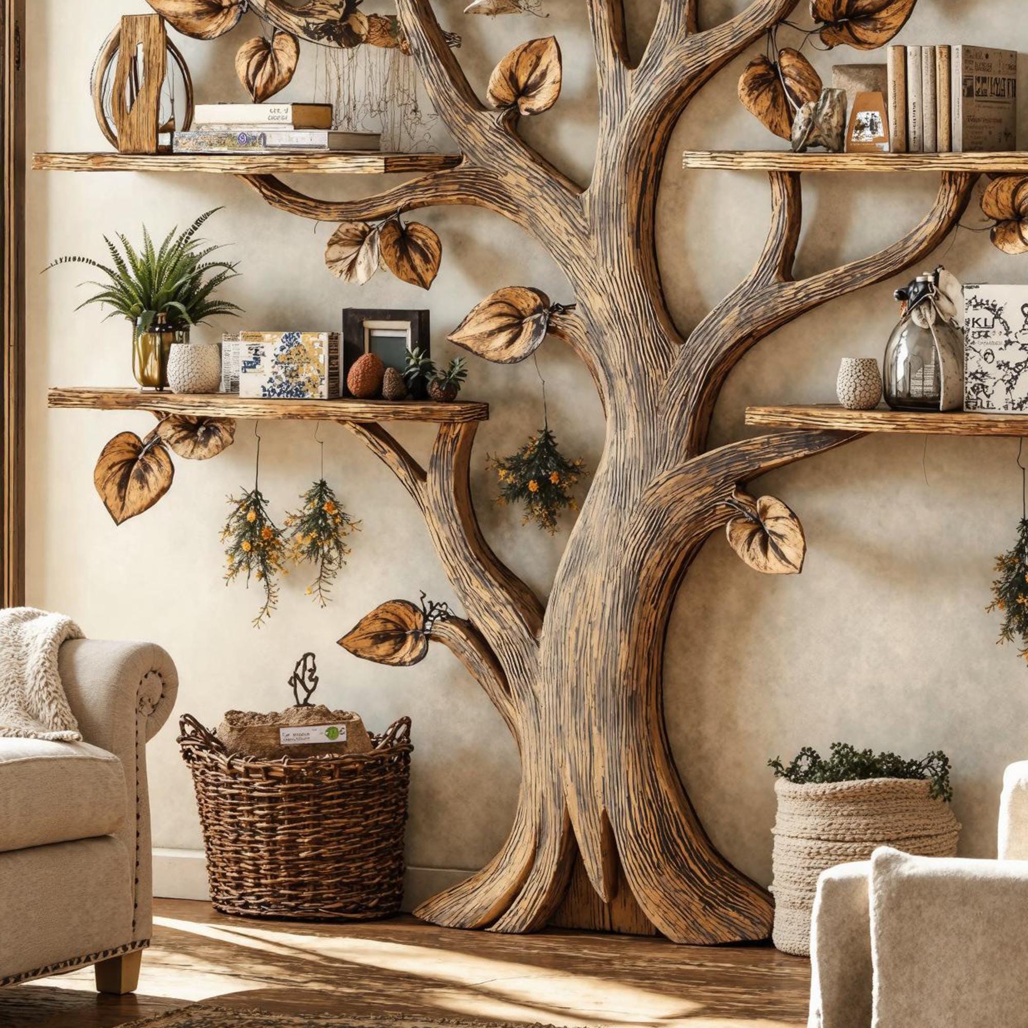 Handmade Tree Branch Bookshelf: Wooden Floating Wall Shelves