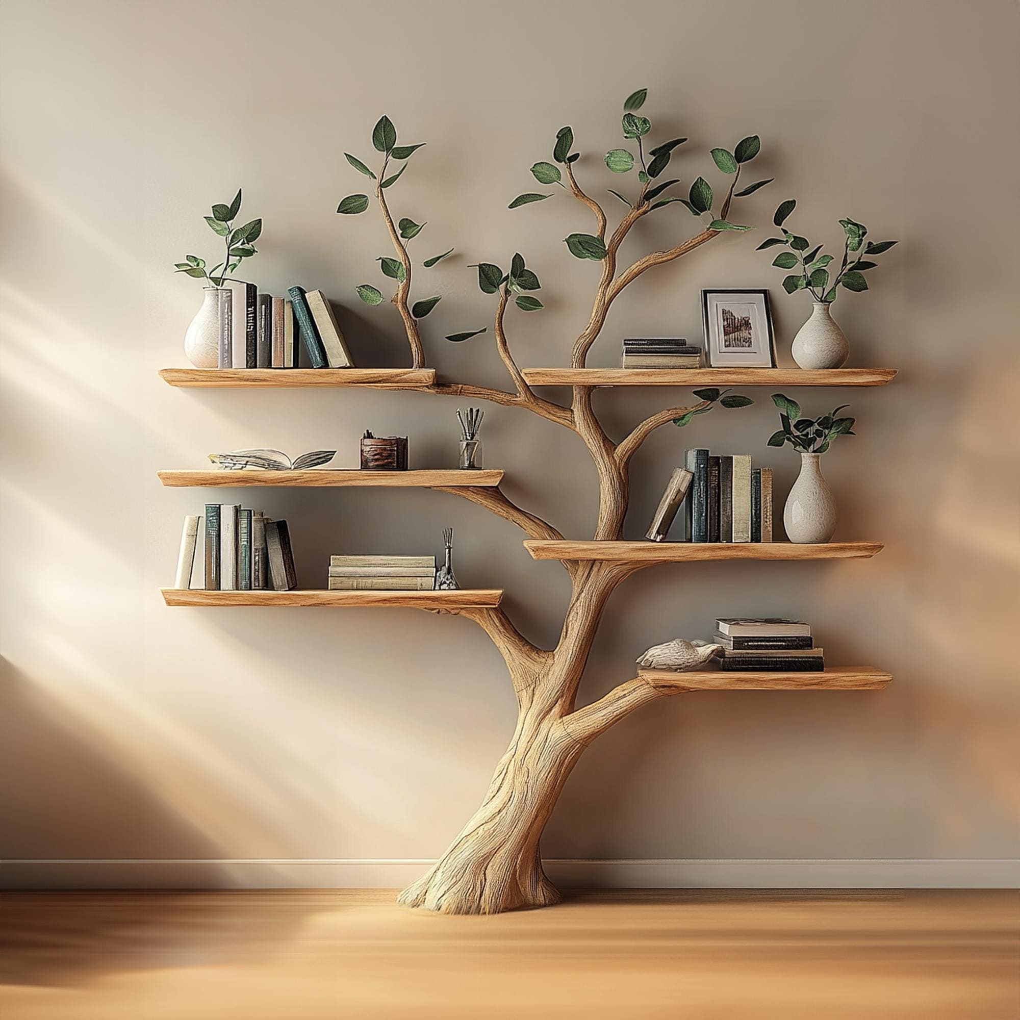 Natural Wood Tree Bookshelf, Wall Mount Corner Shelf