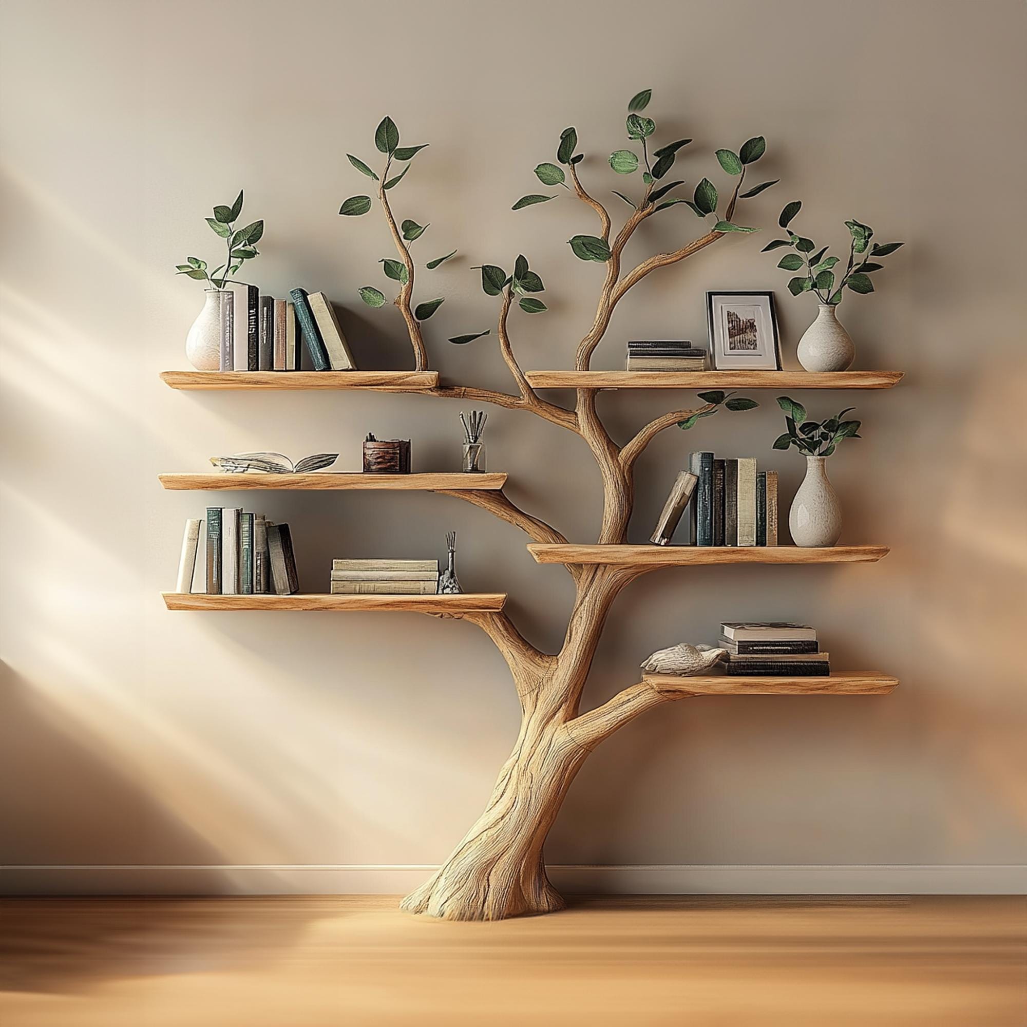 Natural Wood Tree Bookshelf, Wall Mount Corner Shelf