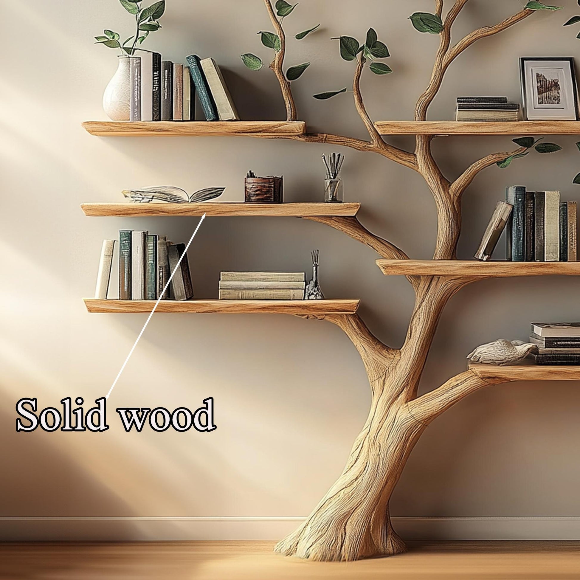 Natural Wood Tree Bookshelf, Wall Mount Corner Shelf