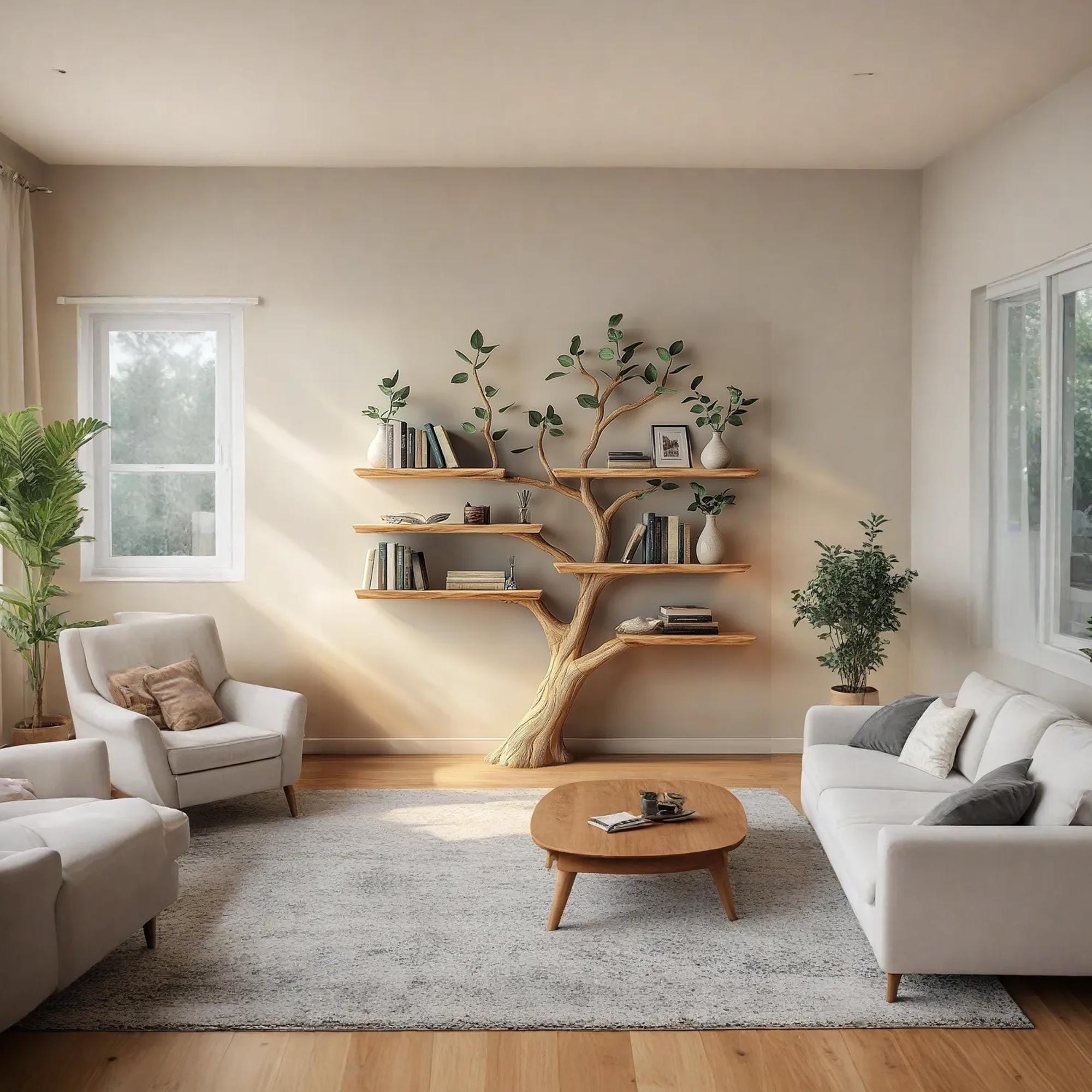 Natural Wood Tree Bookshelf, Wall Mount Corner Shelf
