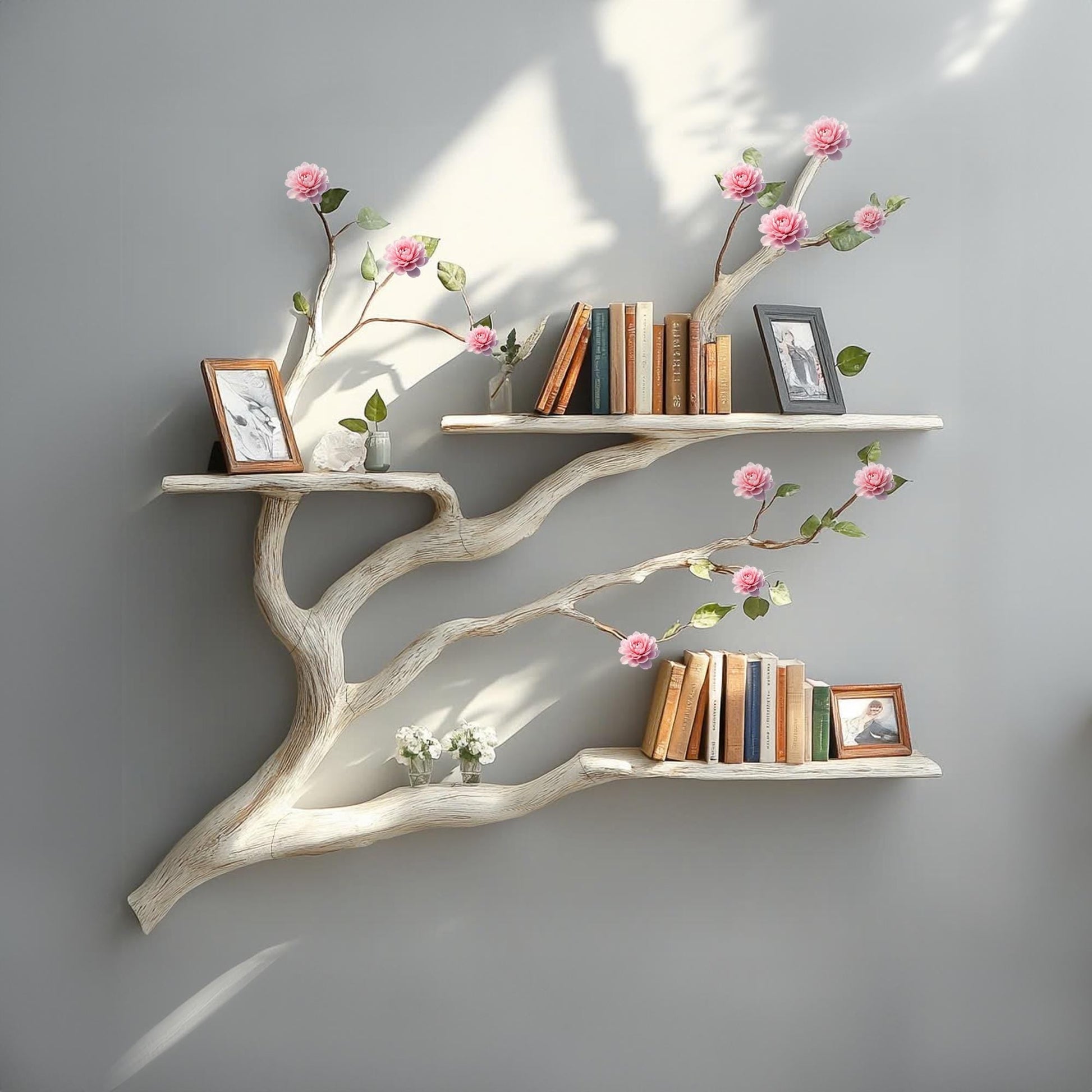 Handmade Driftwood Tree Bookshelf - Custom Floating Wood Shelf Decor