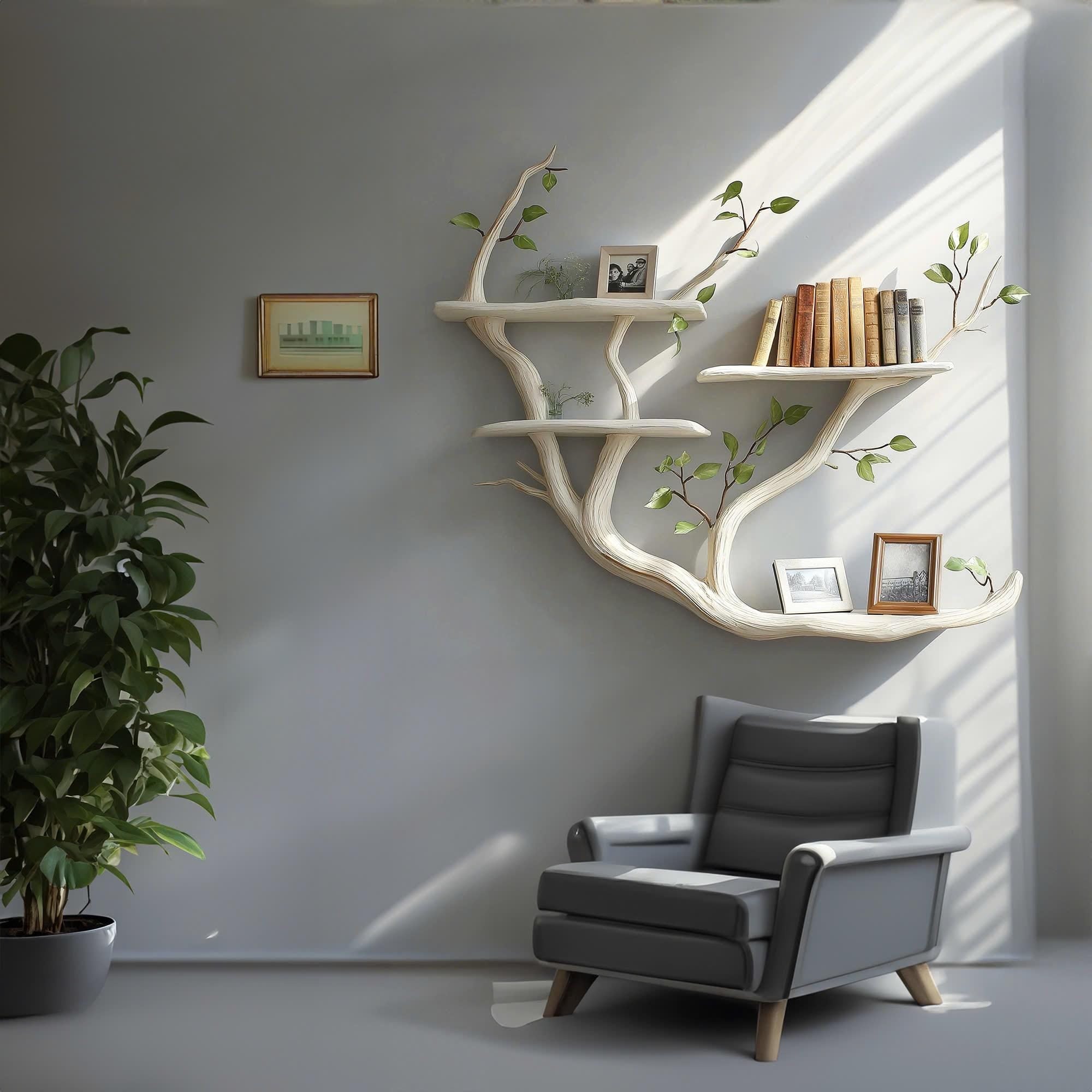 Handmade Tree Branch Bookshelf - Rustic Wood Floating Wall Shelf