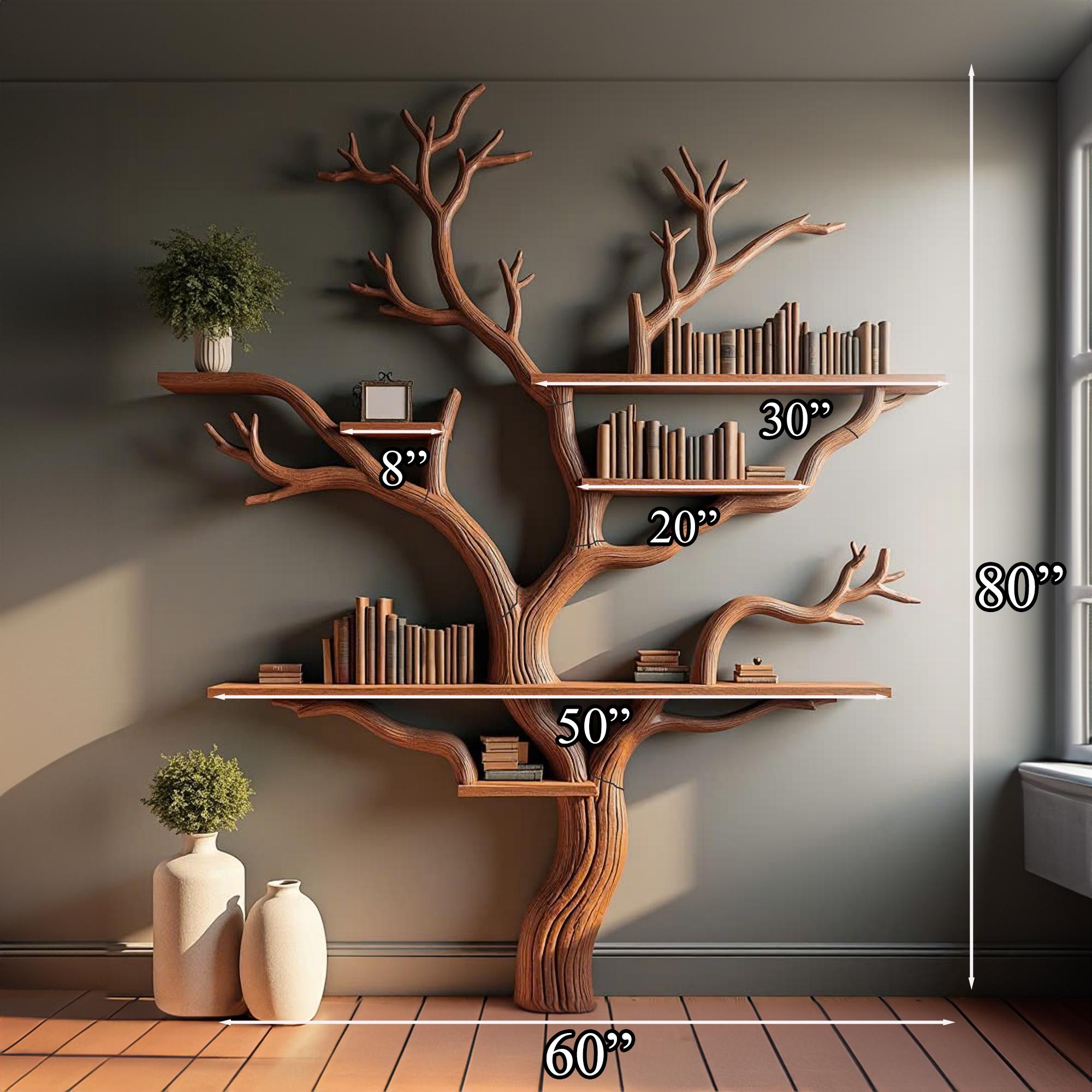 Tree branch bookshelf tree bookcase solid wood rustic bookshelf tree wall art handmade furniture decor living home personalized gift