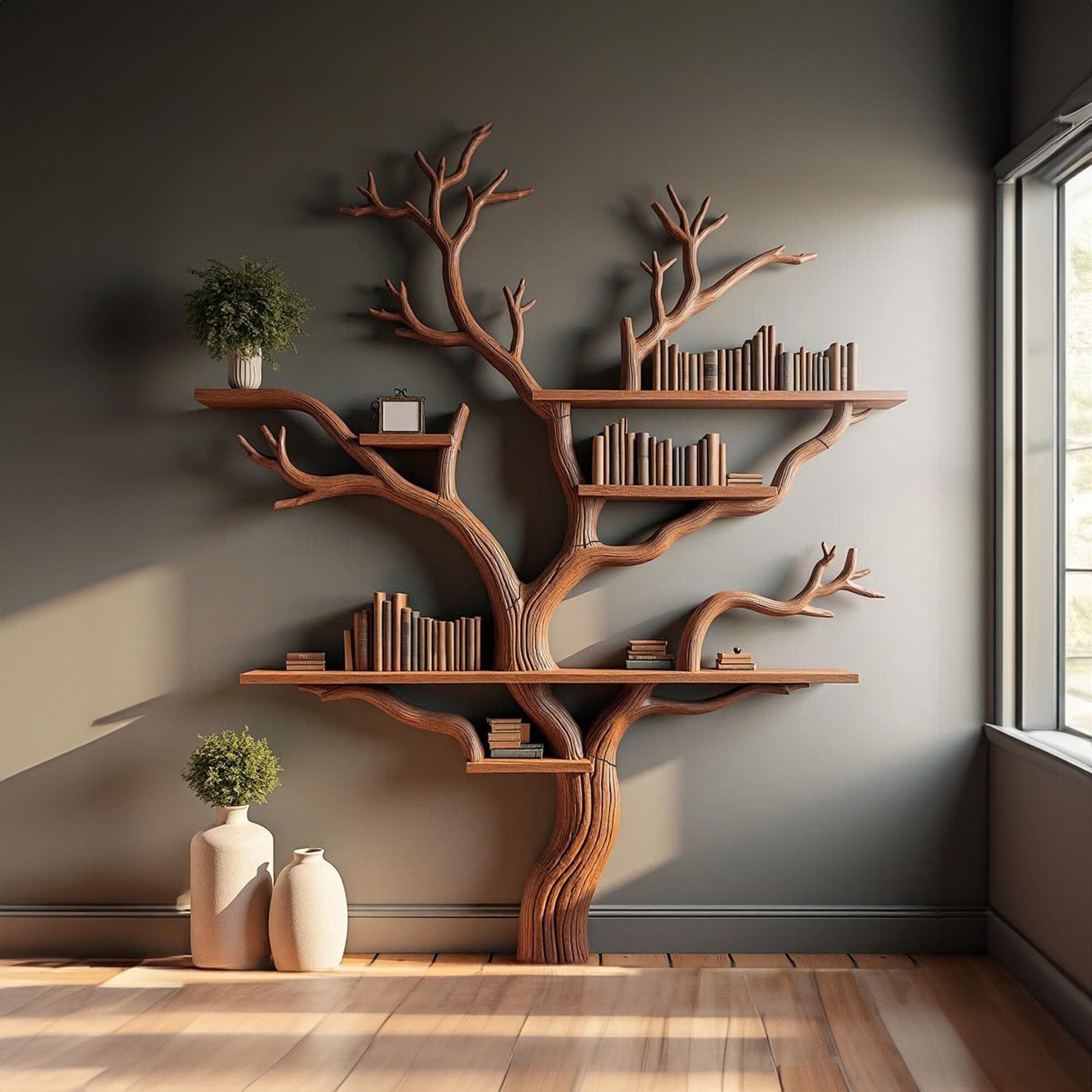 Tree branch bookshelf tree bookcase solid wood rustic bookshelf tree wall art handmade furniture decor living home personalized gift