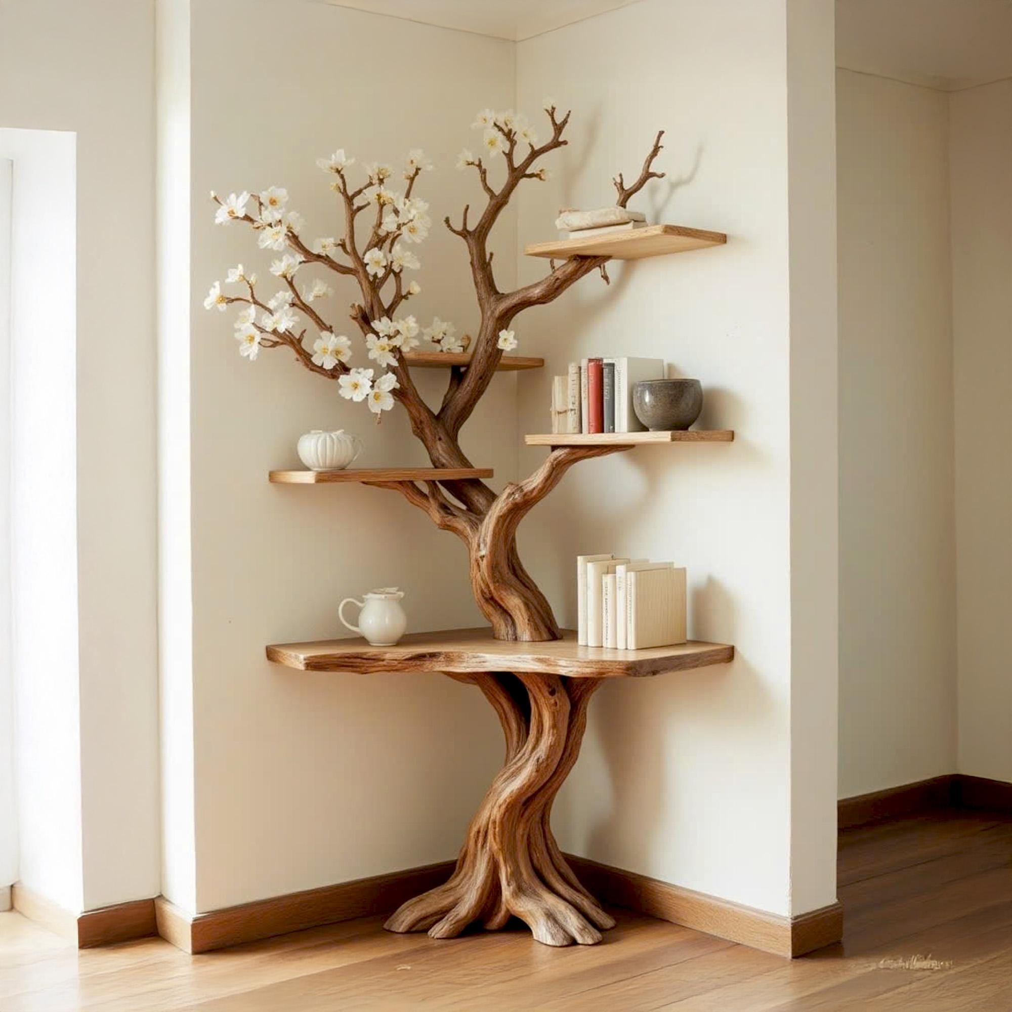 Tree corner floating bookshelf driftwood branch bookcase wood wall book shelving rustic corner shelf unique living room decoration