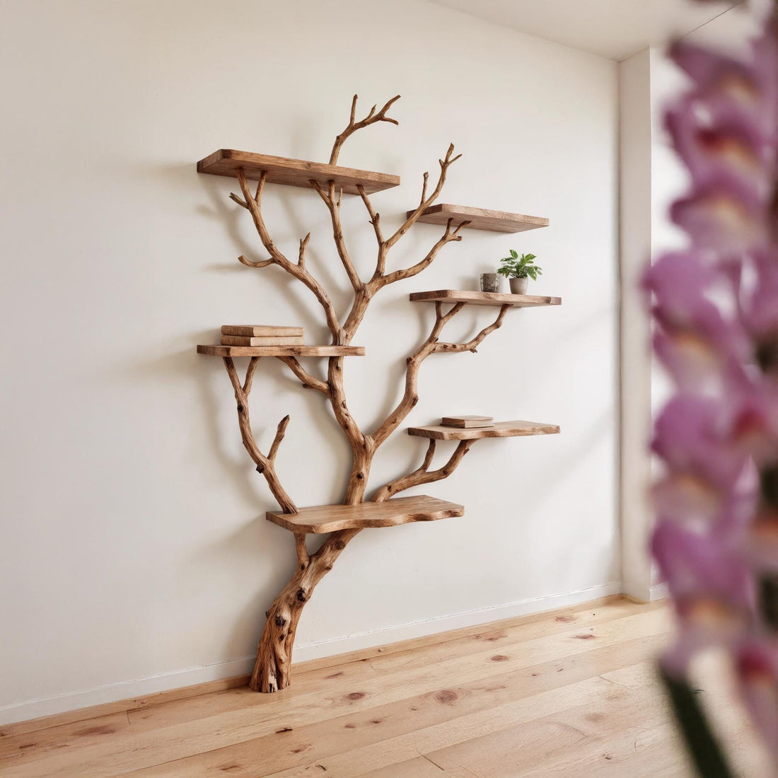 Tree branch bookshelf wall mounted bookcase driftwood shelf solid wood bookshelves art decor