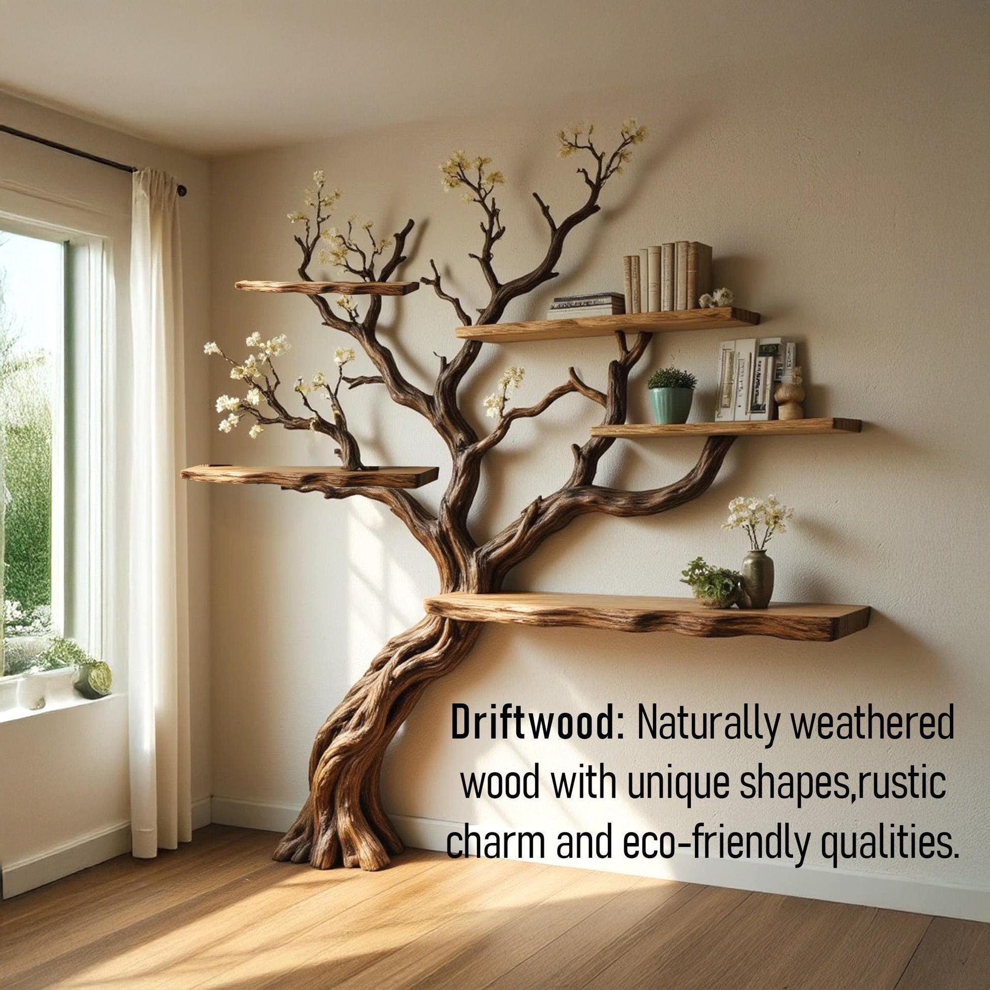Flower tree branch bookshelf driftwoood tree shelf wall mount live edge shelving bookcase art decoration