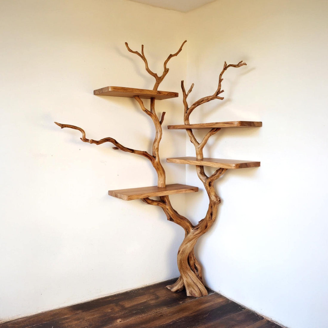 Corner tree floating bookshelf driftwood branch live edge corner tree shelf art wall mount rustic decor living room