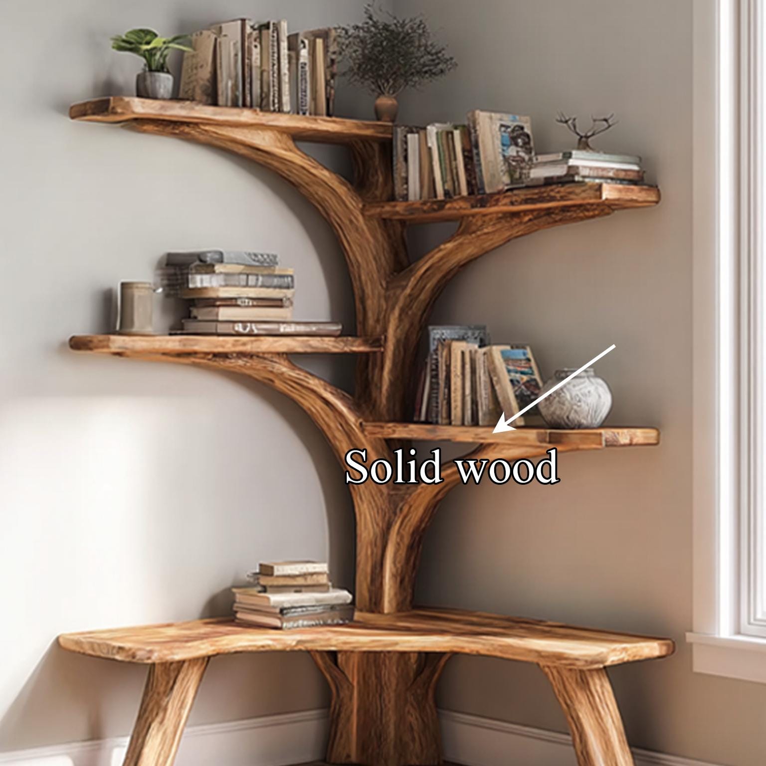 Handmade Rustic Tree Bookshelf – Natural Wood Wall Shelf with Bench