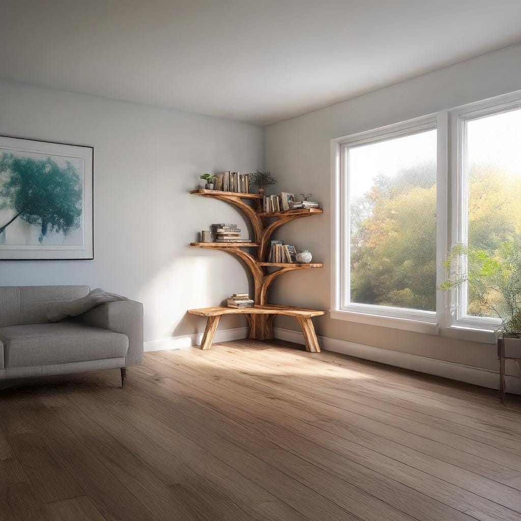 Handmade Rustic Tree Bookshelf – Natural Wood Wall Shelf with Bench