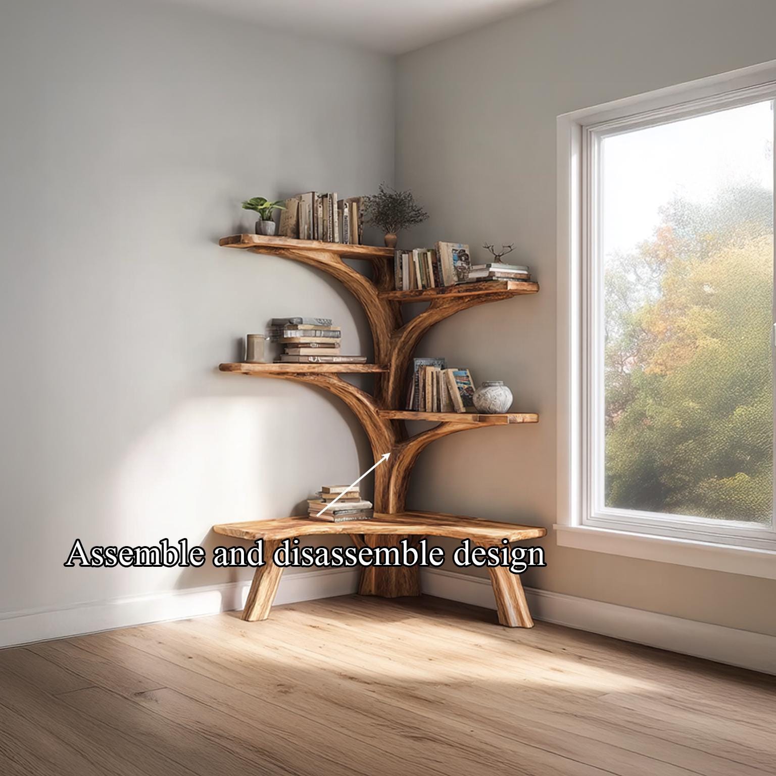 Handmade Rustic Tree Bookshelf – Natural Wood Wall Shelf with Bench