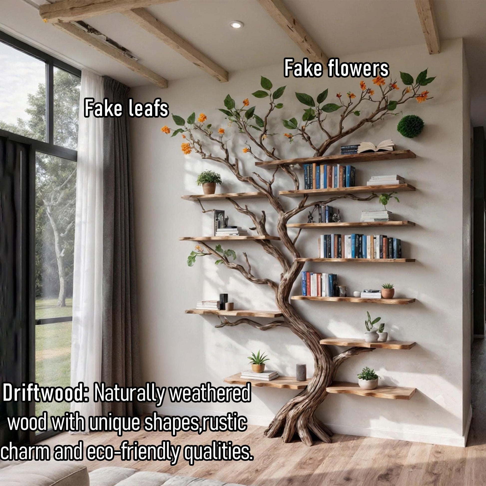 Tree branch book shelf floor bookcase solid wood driftwood shelving wall mounted shelves wood carving art