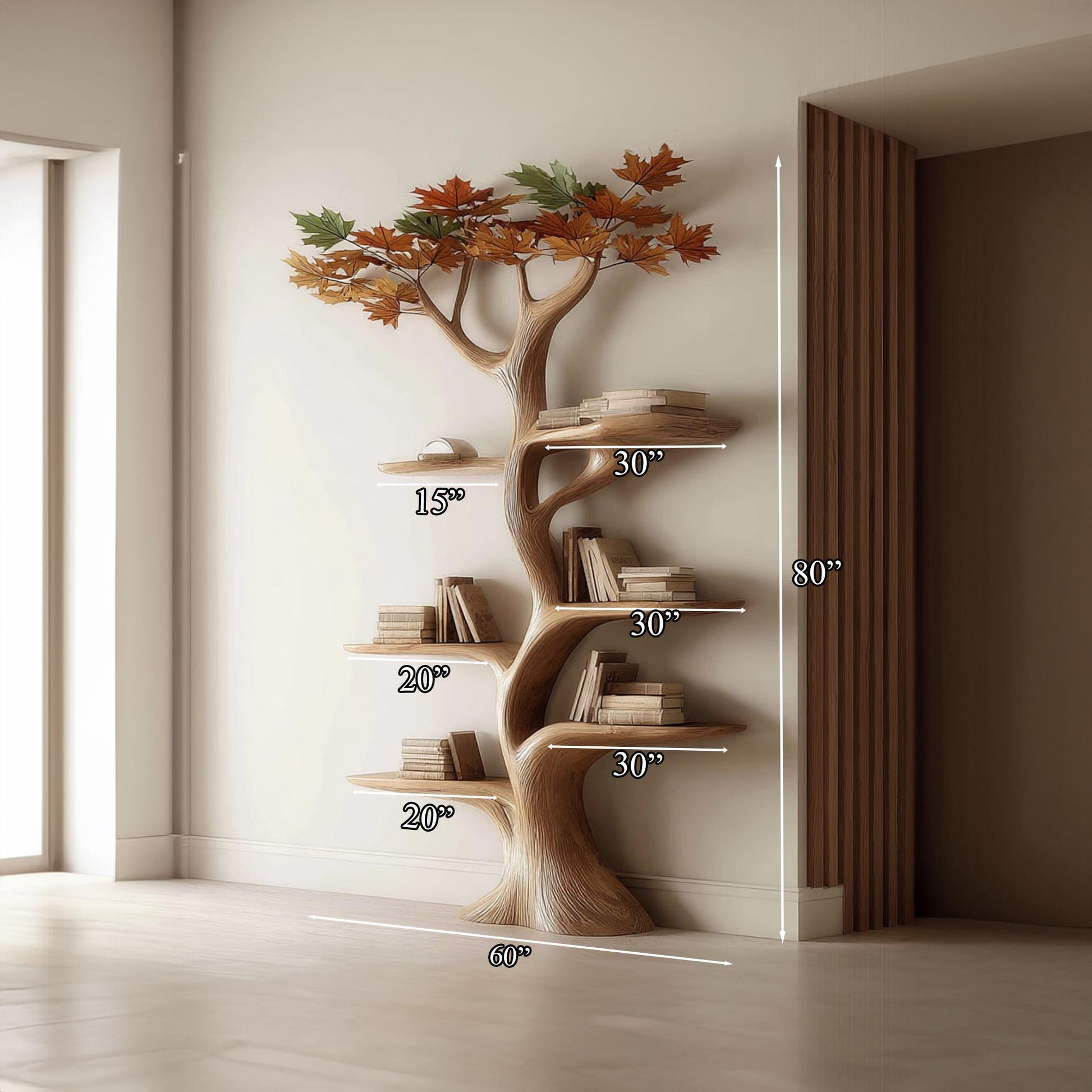 Rustic Wooden Tree Bookshelf, Natural Wood Bookcase, Home Office Decor