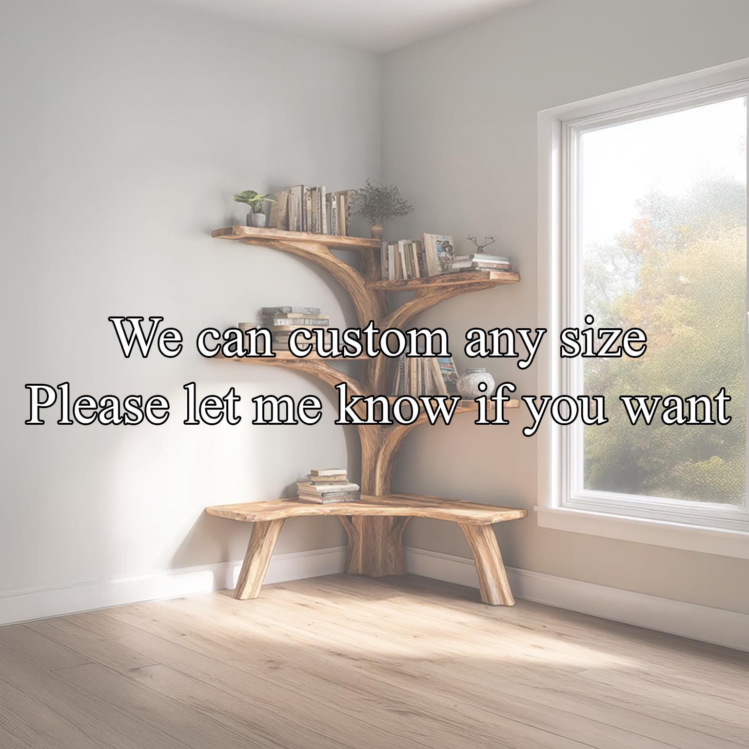 Handmade Rustic Tree Bookshelf – Natural Wood Wall Shelf with Bench