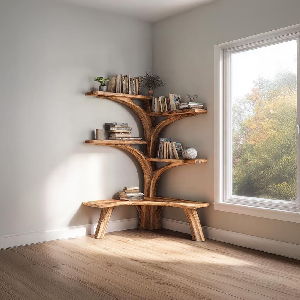 Handmade Rustic Tree Bookshelf – Natural Wood Wall Shelf with Bench