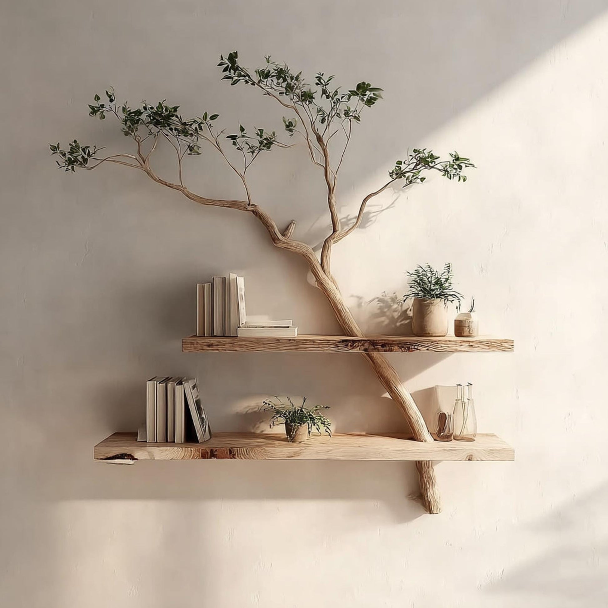 Rustic Driftwood Branch Bookshelf - Live Edge Wood Wall Shelf