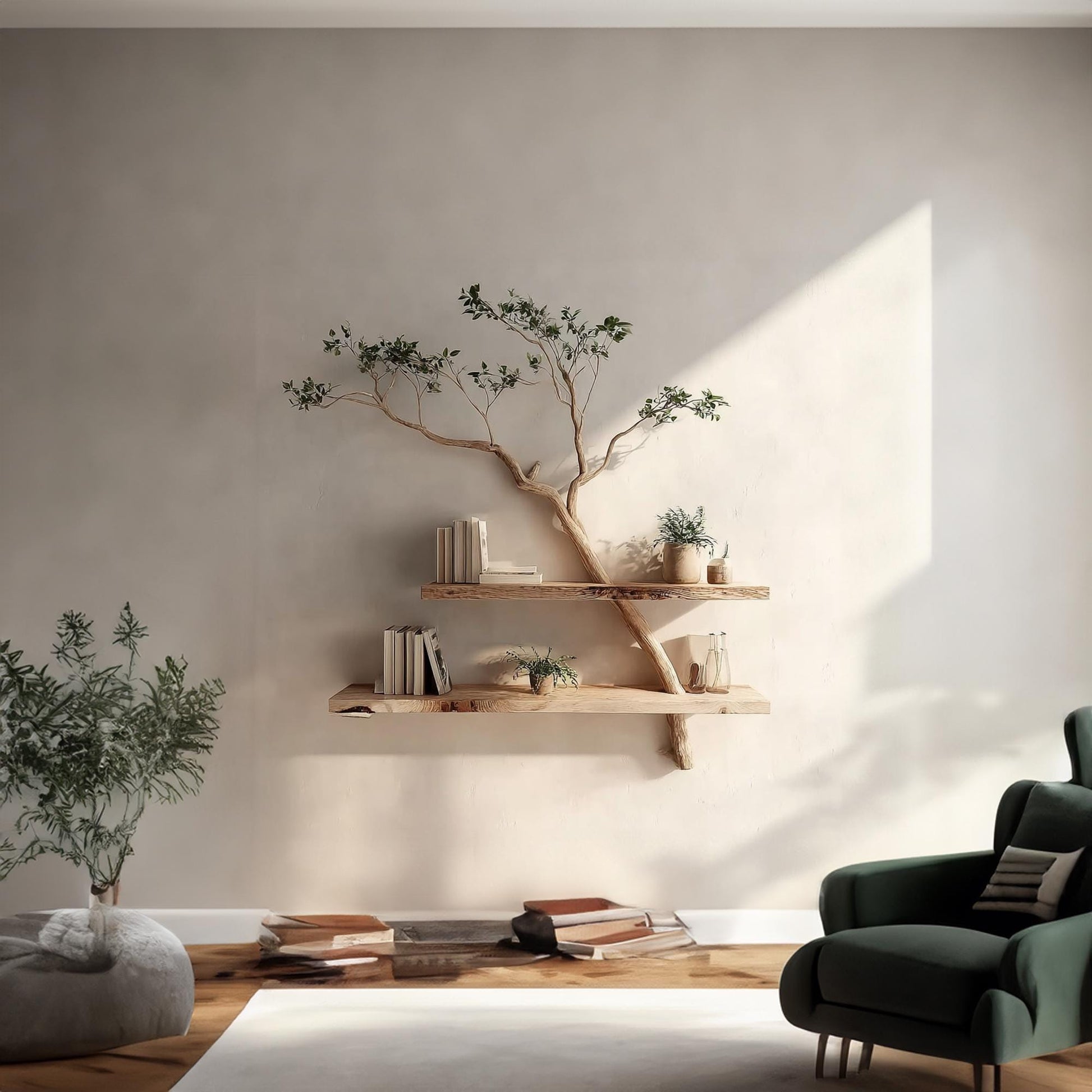 Rustic Driftwood Branch Bookshelf - Live Edge Wood Wall Shelf