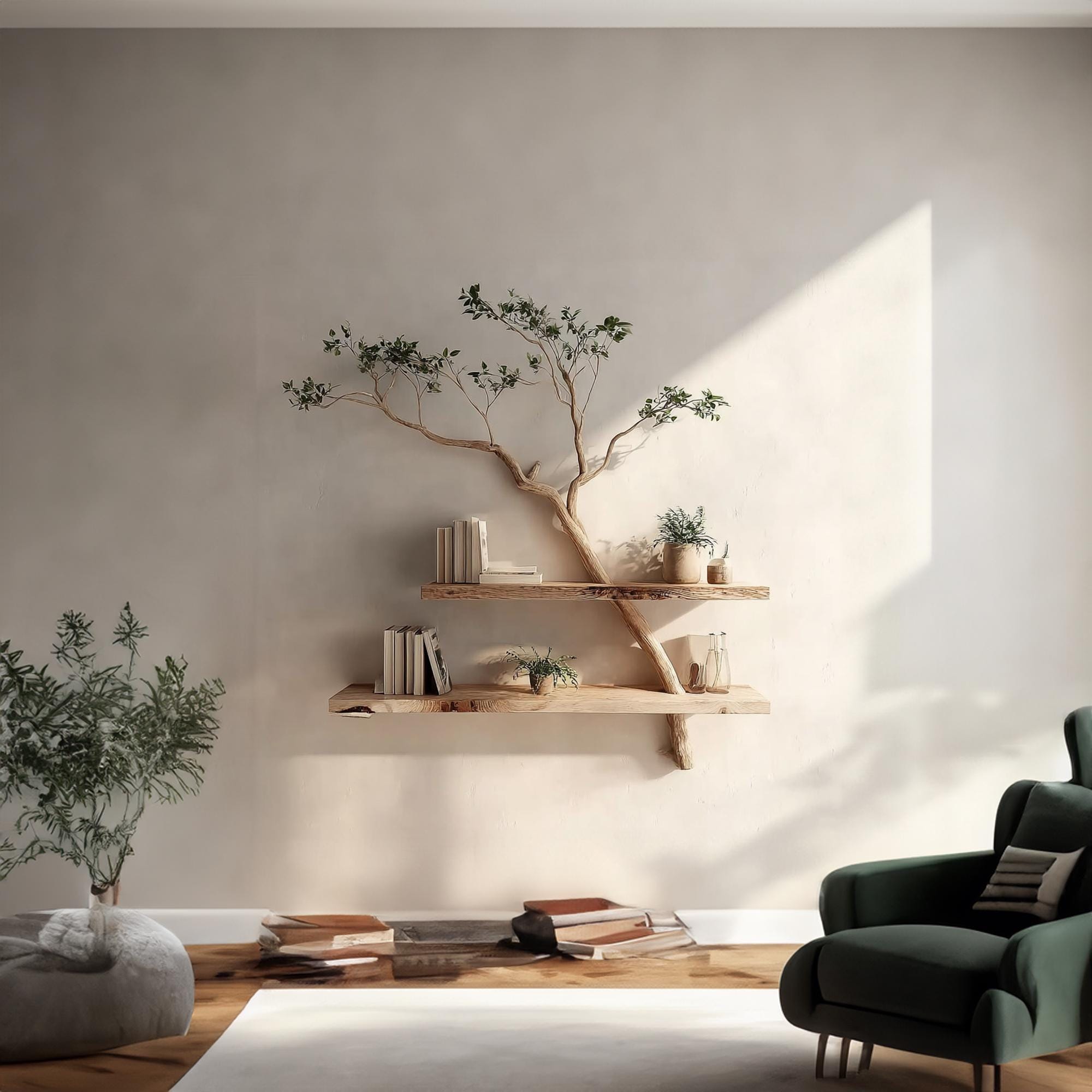 Rustic Driftwood Branch Bookshelf - Live Edge Wood Wall Shelf