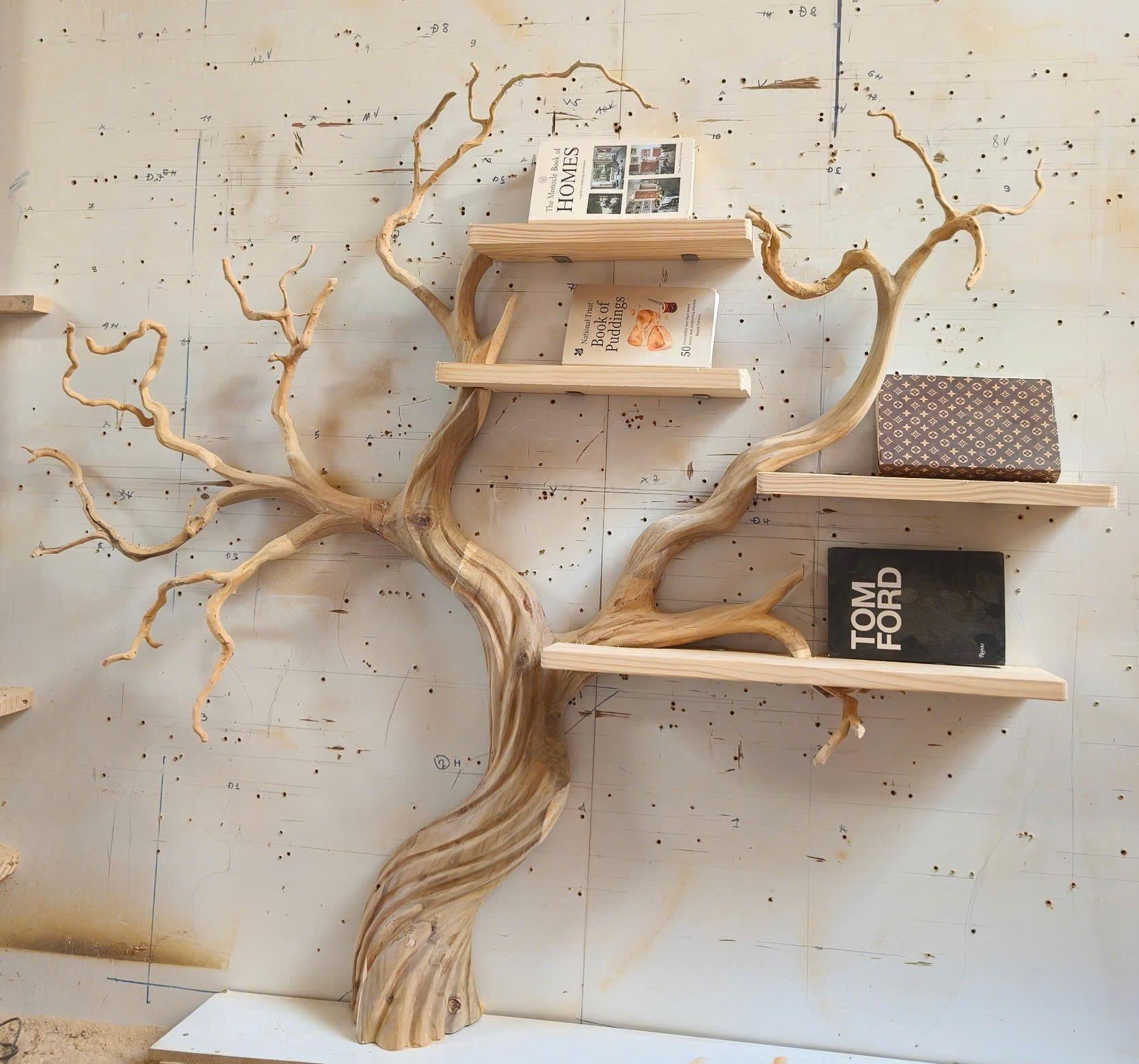 Tree branch bookshelf tree bookcase solid wood rustic bookshelf tree wall art handmade furniture decor living home personalized gift