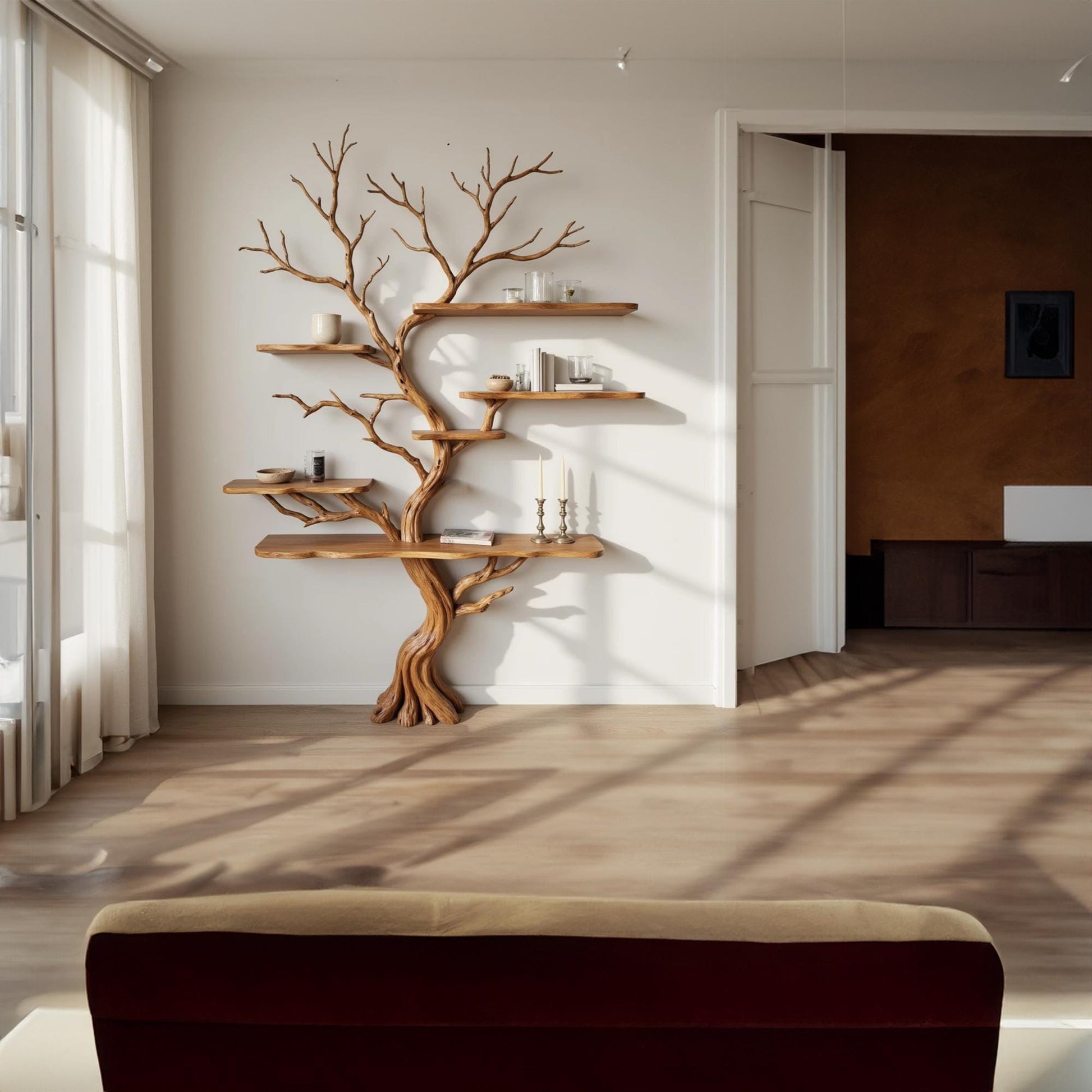 Tree branch bookshelf art decor driftwood shelf wall mounted solid wood bookcase